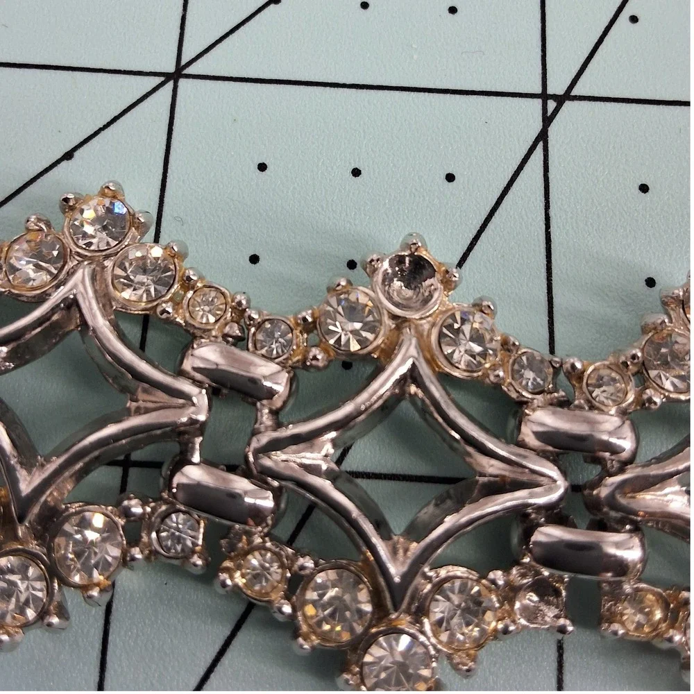 Vintage Silver Tone Rhinestone‎ Geometric Link Bracelet Art Deco 1950s